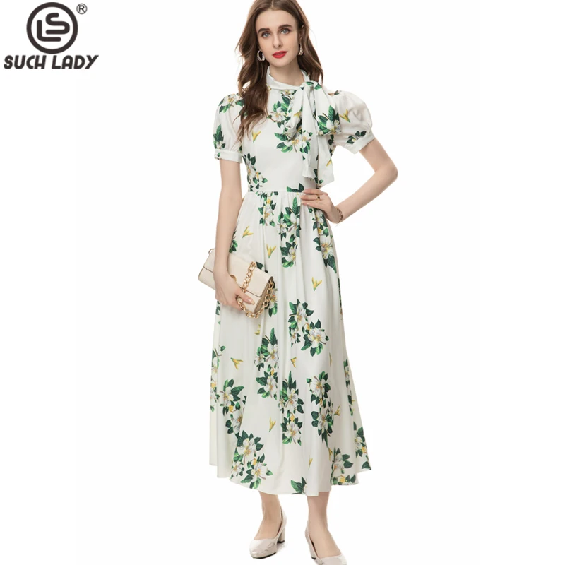 

Women's Runway Dresses Short Sleeves Printed Lace Up Bow Collar Floral High Street Casual Vestidos