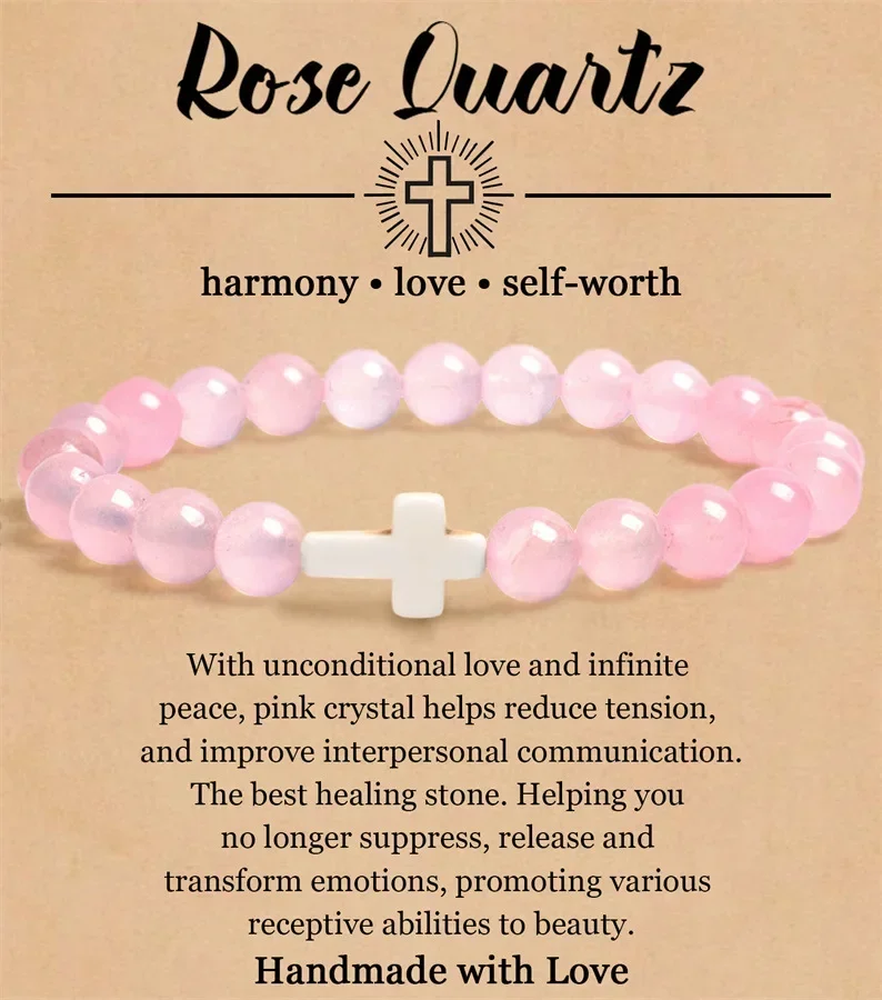 Bracelet croix en pierre naturelle pour homme et femme, bracelet perlé élastique, carte cadeau, zèbre rose, 8mm