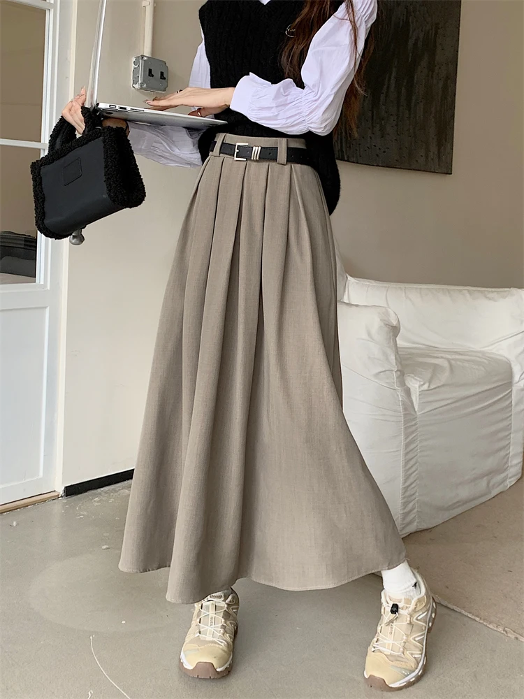 2026 New Korean Skirt Women Solid Color Versatile Mid-length Pleated Skirt Large Swing Type Skirt Female Long Skirts for Women