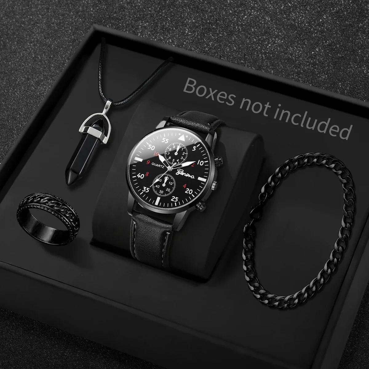 4PCS Fashion Men Business Watches Jewelry Set Casual Arabic Dial Male Leather Strap Quartz Wristwatch Reloj Hombre (Without Box)