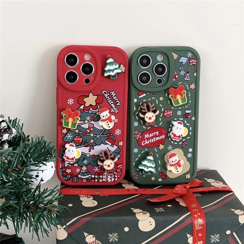 Ottwn 3D Cartoon Elk Santa Claus Tree Christmas Phone Case For iPhone 13 11 12 Pro Max 13 14 Plus X XR XS 7 8 Plus SE 2020 Cover