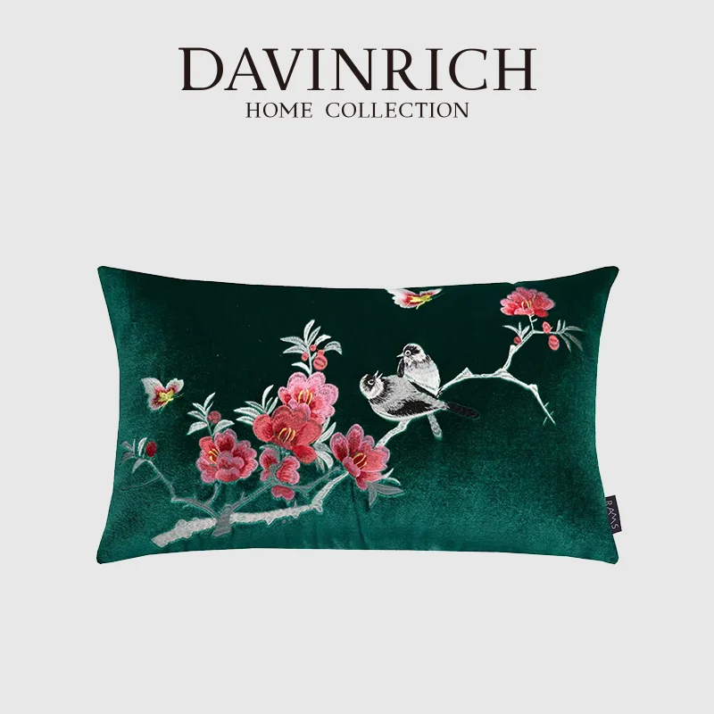 DAVINRICH Retro Emerald Green Lumbar Pillow Cover Tasseled Gorgeous Flower Embroidery Luxury Crushed Velvet Cushion Case 30x50cm