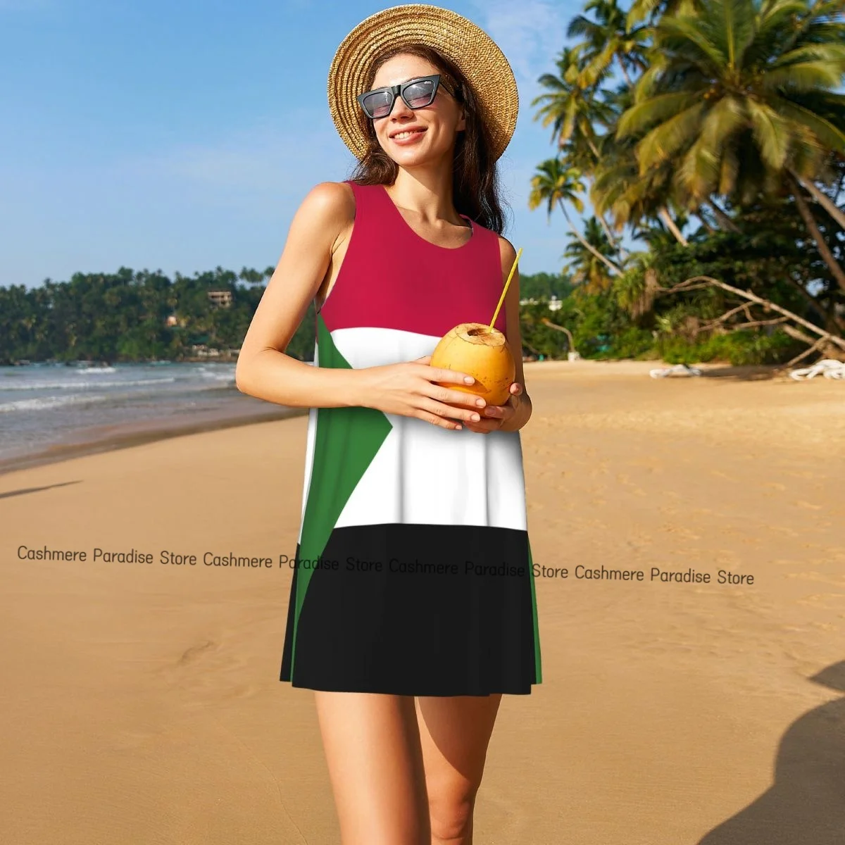 2025年女性用サマードレス ビーチTシャツ サンドレス ノースリーブ スーダン国旗柄 カジュアル ルーズ タンクドレス