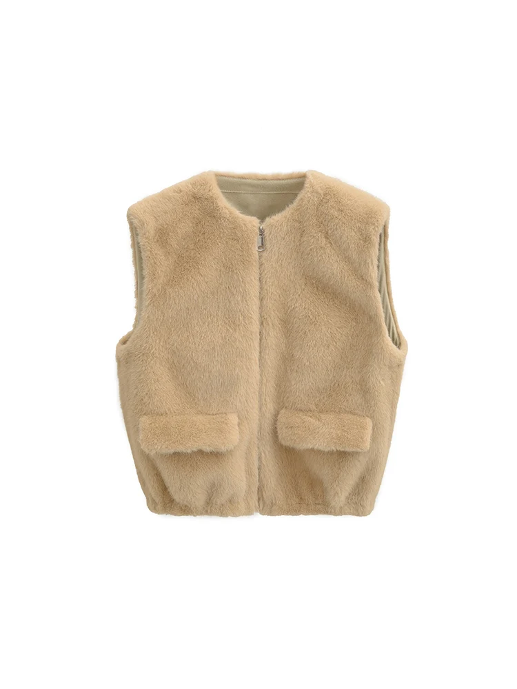 

Новый женский модный универсальный и элегантный однотонный жилет на молнии с круглым вырезом и эффектом искусственного меха в европейском стиле