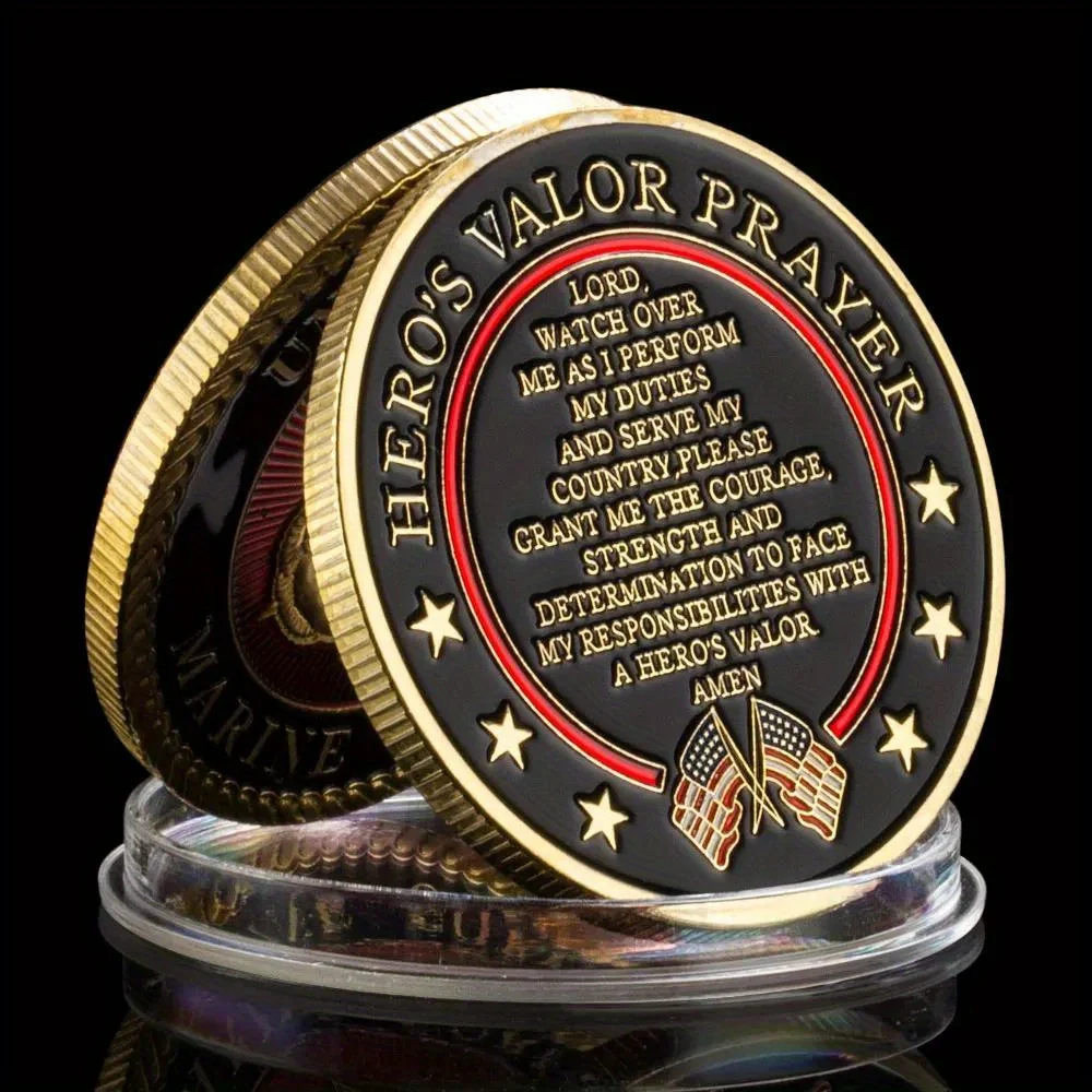 United States Marine Corps Challenge Coin and Heros Valor Prayer for Courage Coin Souvenirs Golden Plated Commemorative Coins