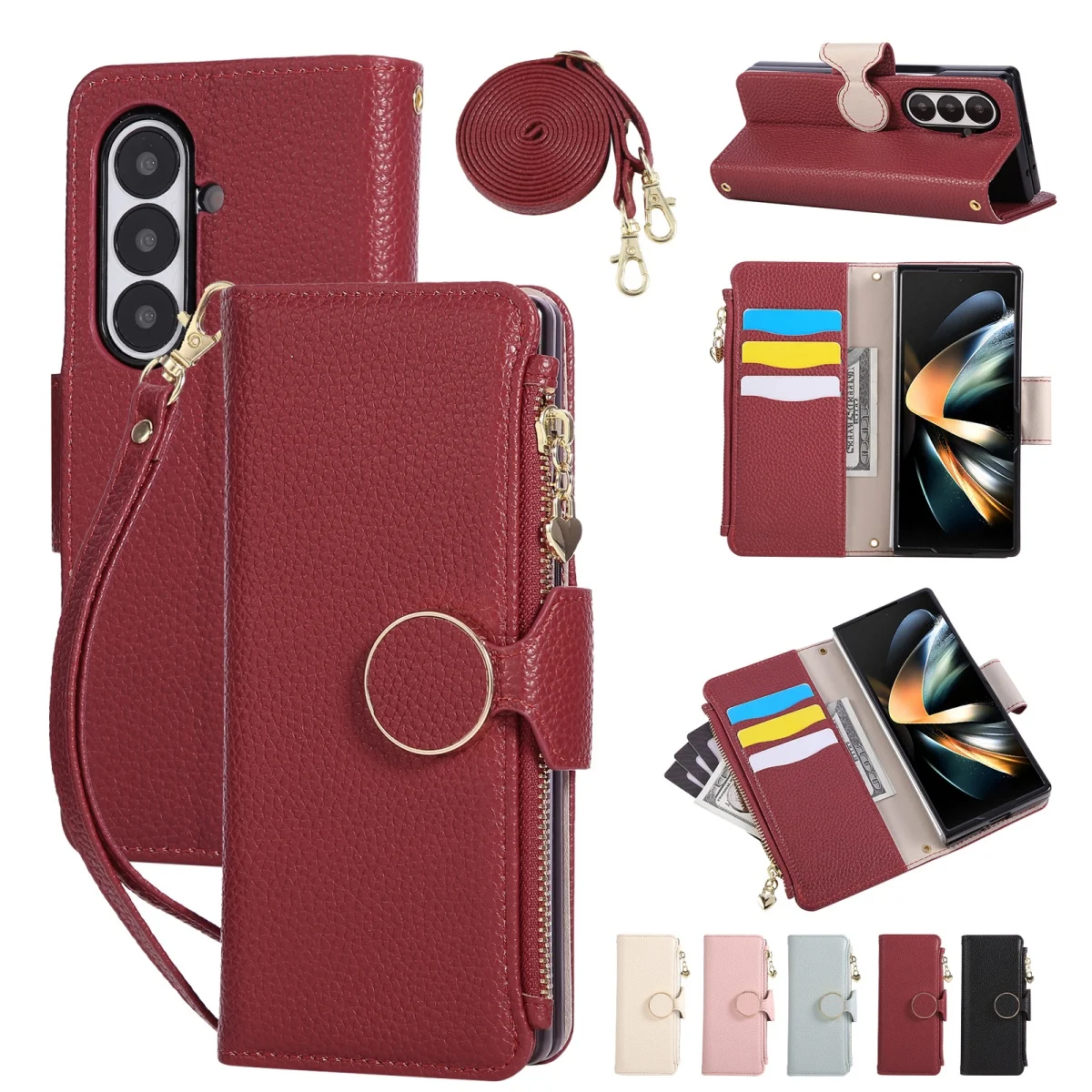 Crossbody Wrist Strap Leather Phone Case for Samsung Galaxy Z Fold 8 Ultra Fold7 6 5 4 3  Zipper Wallet Soft Card Holder Cover