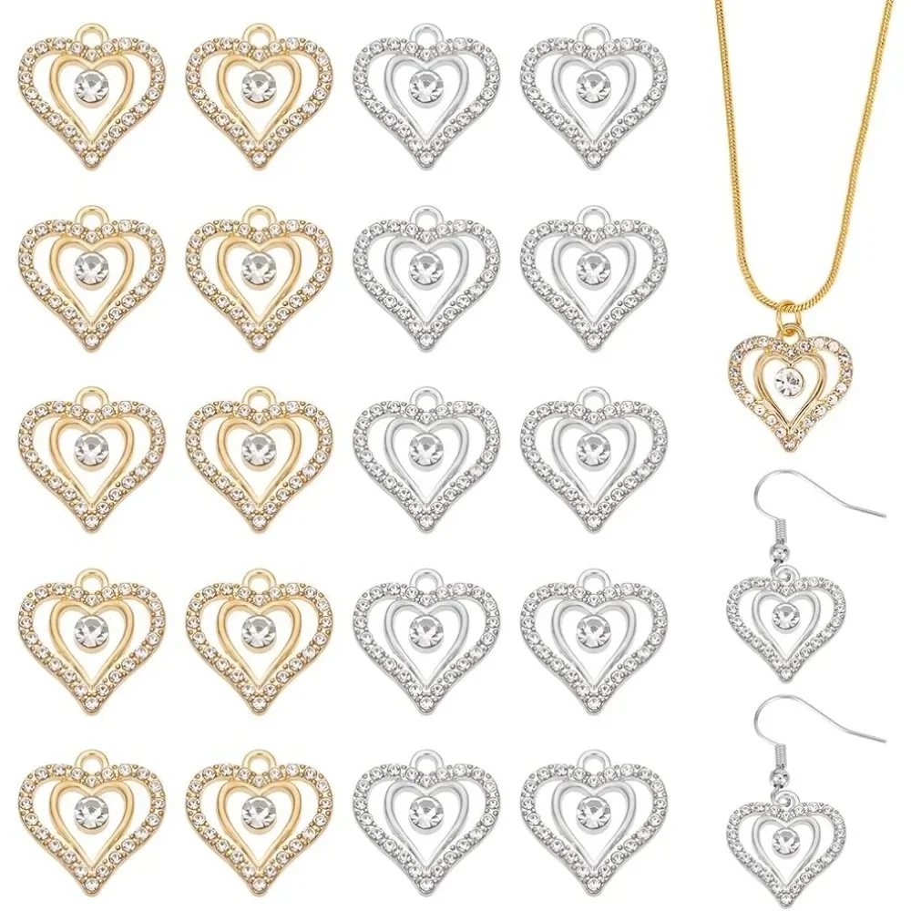 

60Pcs 2 Colors Rhinestone Heart Charms Heart Charms Love Heart Charms Pendants Charms Metal Charms Metal Heart Charms
