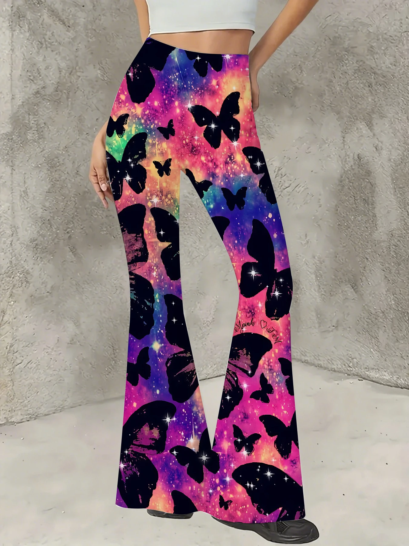 

Y2K Graphic Print Flare Pants Women High Waist Knit Bell Bottom Trousers