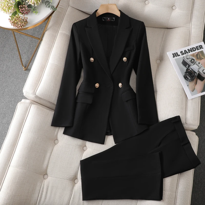 ZJYT Double Breasted Blazer Pants Suits 2 Piece Matching Set Women Conjunto Para Mujeres Work Wear Trousers Sets Office Outfit