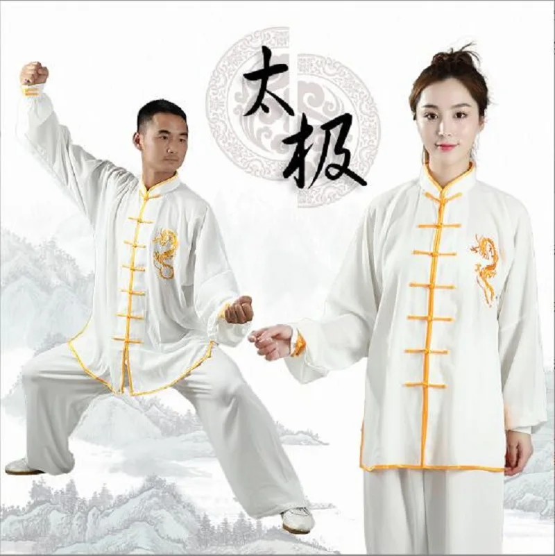 Wholesale New Chinese Men Women Kung Fu Suits Embroidered Golden Dragon Long Sleeve Tai Chi Martial Art Uniform Clothing Set