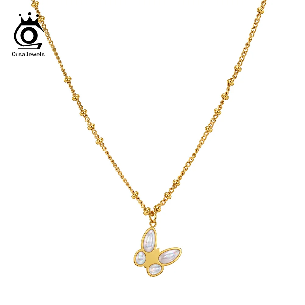 ORSA JEWELS Fashion Stainless Steel 18K Gold Plated Butterfly Pendant Necklace for Women Jewelry Party Birthday Gift STMN24