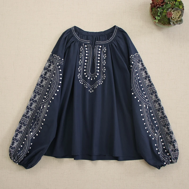 Spring New Ethnic Style Mori Girl Embroidery Cotton Shirt Women Half Open Collar Long Lantern Sleeve Casual Loose Tops