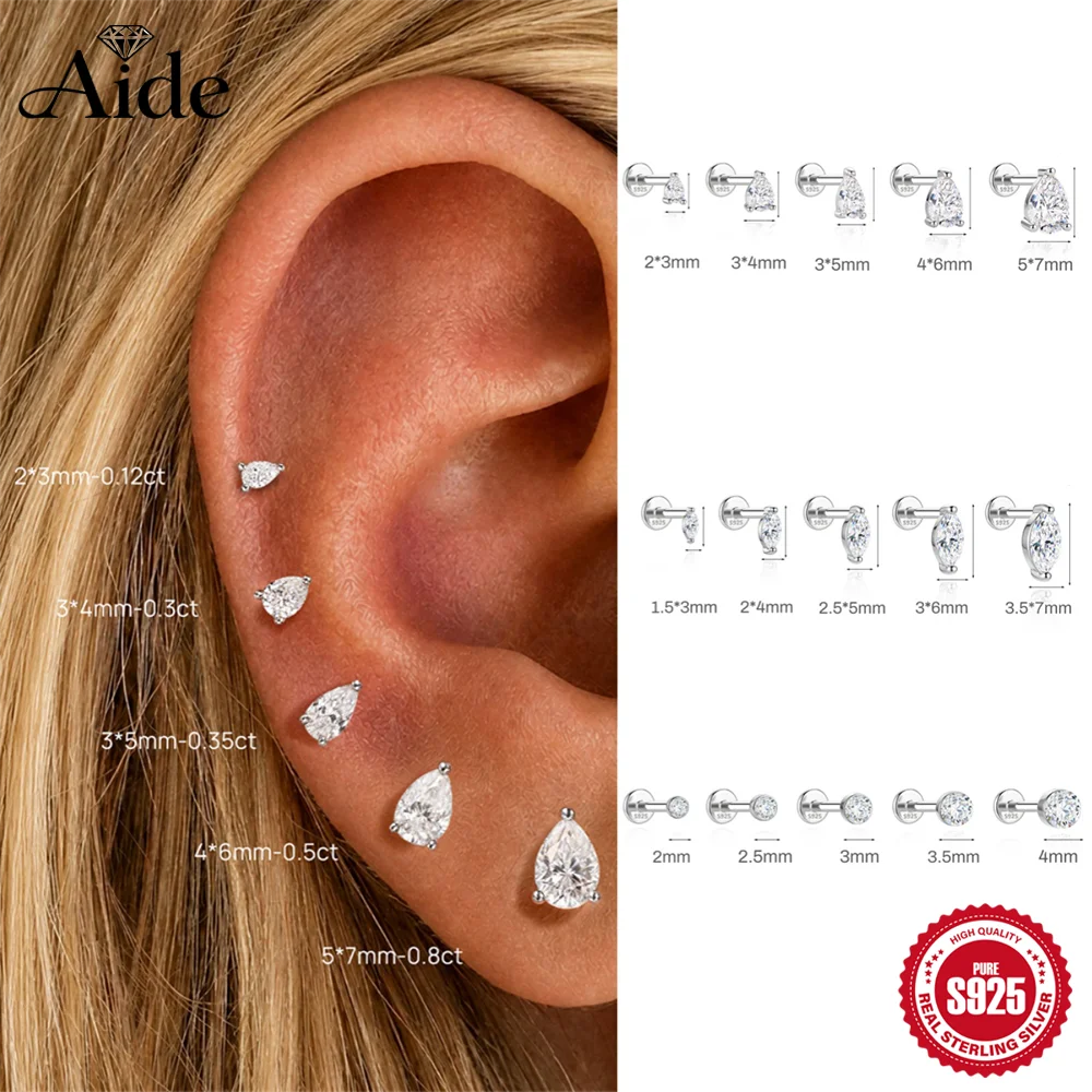 AIDE Pear-shaped Sparkling Moissanite Women's Multi Size Flat Back Cartilage Piercing 925 Sterling Silver Attached Certificate