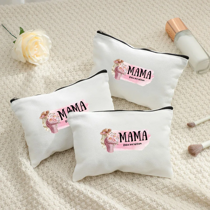 

Custom MAMA Floral Canvas Makeup Bag, Personalized Mother's Day Gift, Portable Zipper Cosmetic Pouch for Mom