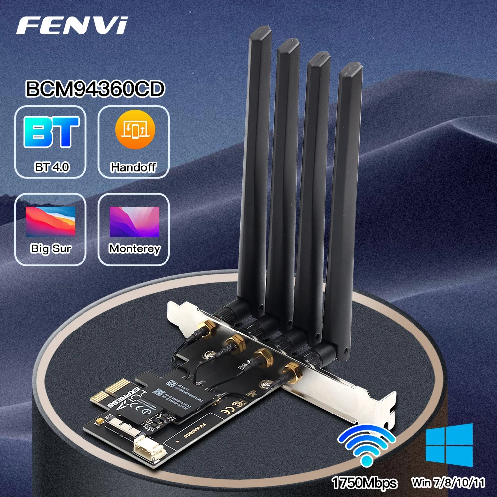 Banda Dual de 1750Mbps, adaptador inalámbrico PCIE para PC, Hackintosh AirPort Dekstop, Bcm4360, WiFi, para Bluetooth 4,0, BCM94360CD