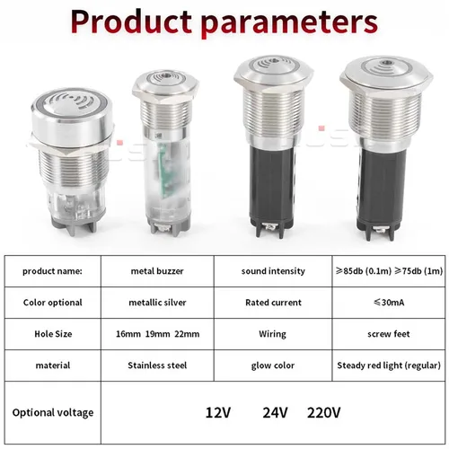 Imagen 2 del producto Zumbador de Metal AD16-22 12v24v220v 16mm19mm22mm altavoz dispositivo de advertencia luz con parpadeo 110V LED luz roja impermeable