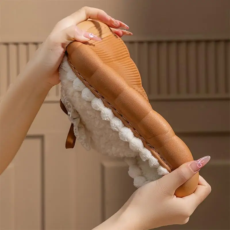 Winterwarme Plüsch-Hausschuhe für Damen, rosa Spitze, Schleife, Fell, rutschfeste Baumwoll-Hausschuhe, Damen-Hausschuhe mit dicker Sohle, Plattform, für den Innenbereich – Detail 5