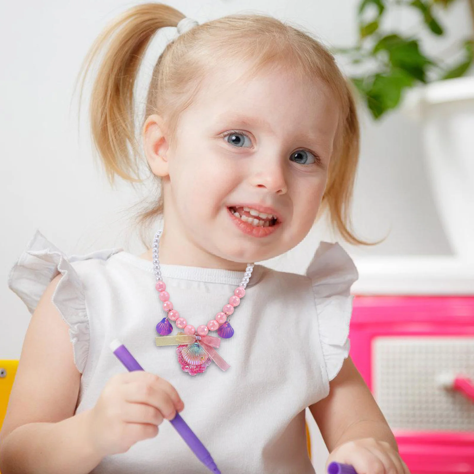 1 conjunto de joias infantis de princesa, conjunto de joias de sereia, inclui colar de concha, pulseira de pérola, brincos, arco, grampos de cabelo, anel para aniversário