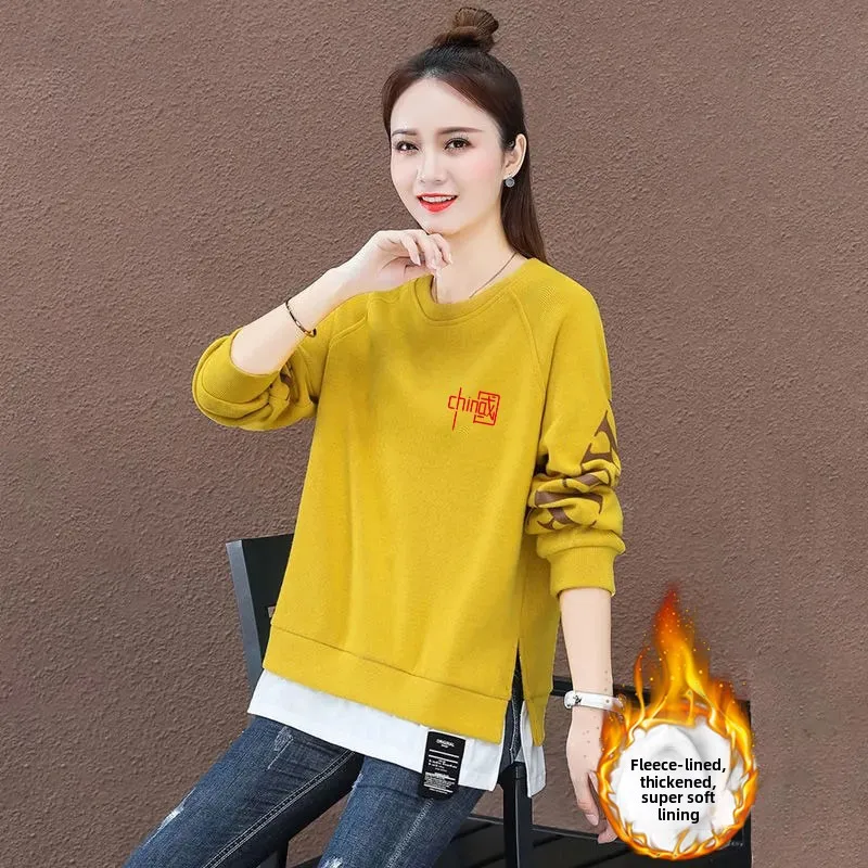 Thiened Fce Sweatshirt Feminino Casual Solto Emenda Falso Casacos de Duas Peças Quente Longo Sve Top para Outono Inverno