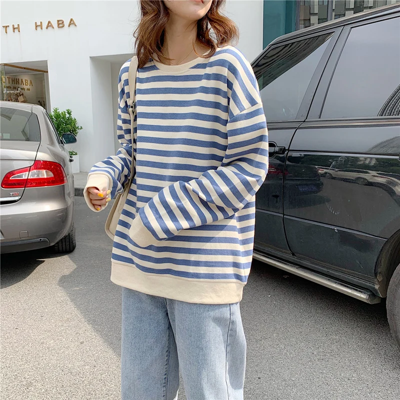 autumn new cotton Oversize Hoodies Women O-Neck stripe Leisure Simple Korean Pullovers femme Kpop black thin Sweatshirts Clothes