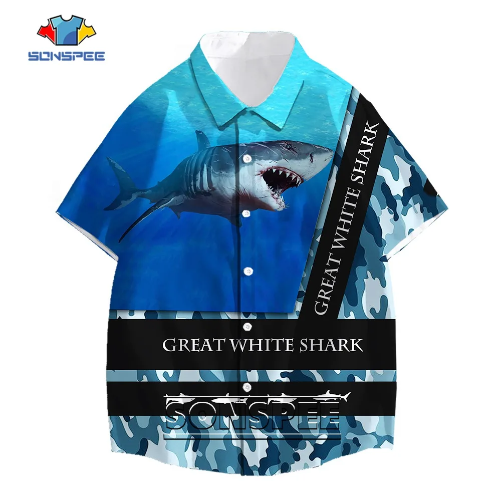 

SONSPEE Summer New Great White Shark 3D Print Shirt Men Women's Fitness Street Oversized Clothing Short Sleeve Hawaii Blouses