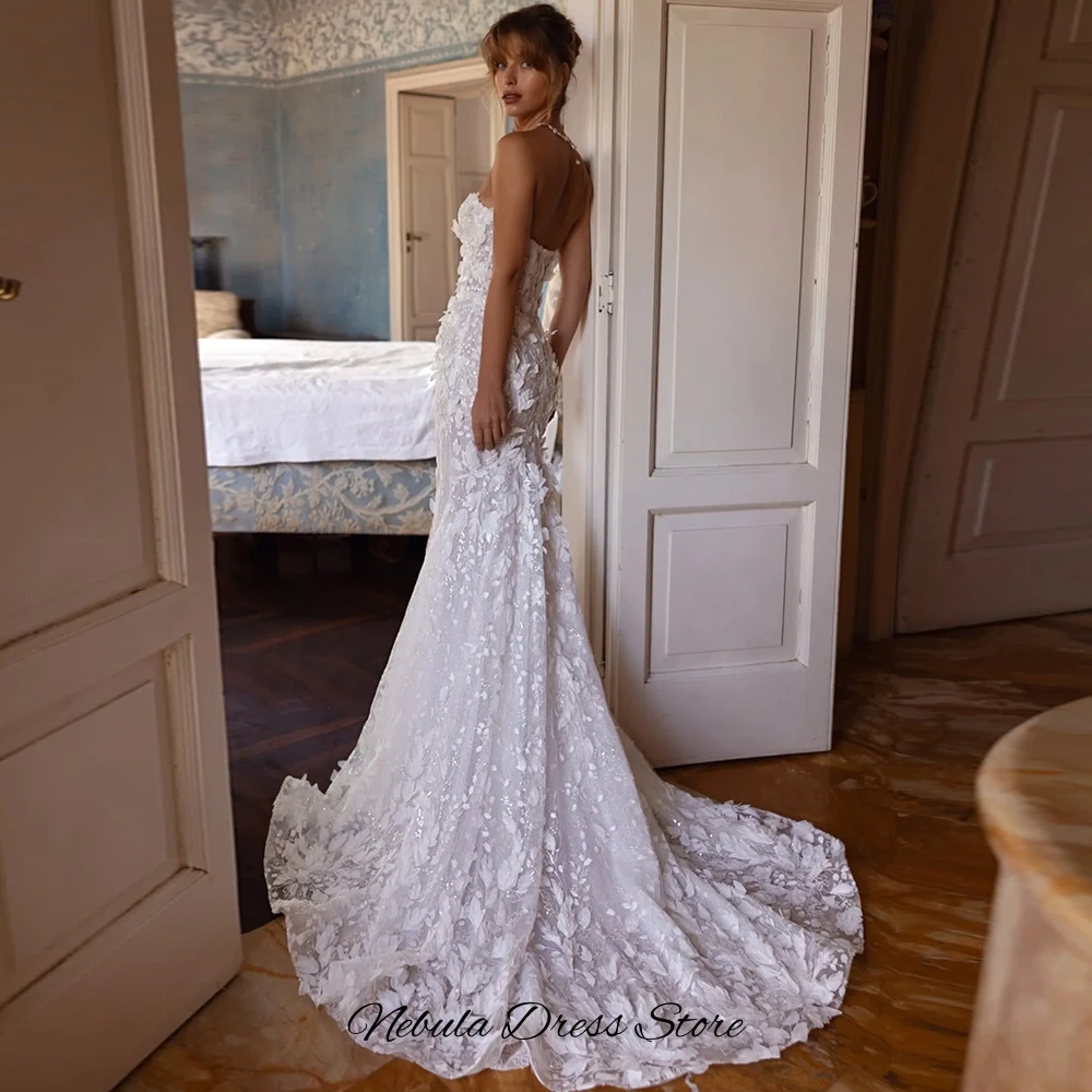 Customized Handmade Flowers and Sequined Bridal Gowns Charming Strapless Mermaid Wedding Dress Elegant Organza Robe de mariée