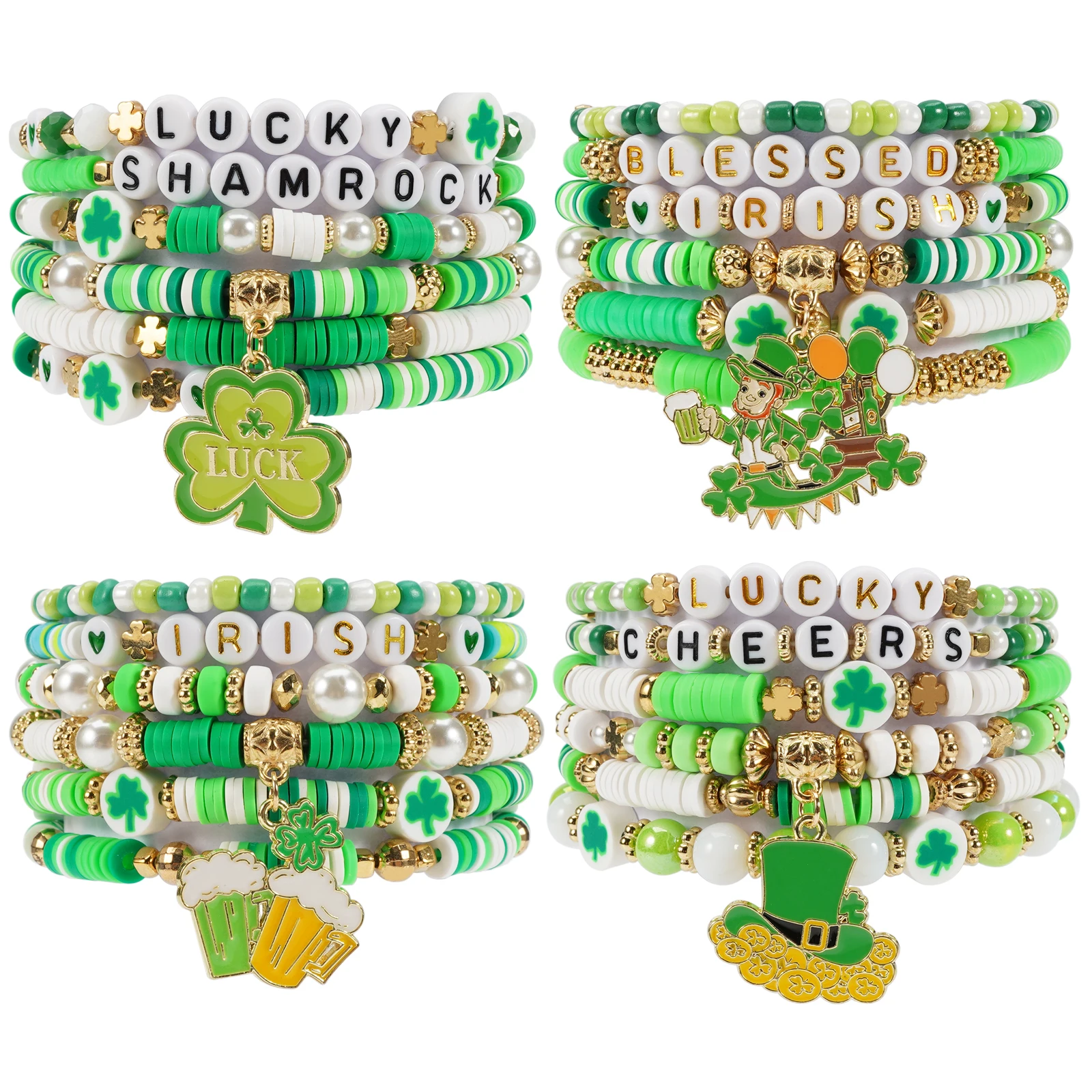 Green Shamrock Leaf Bracelet, Beaded Charm Stretch Bracelet For Women, St. Patricks Day Bracelet