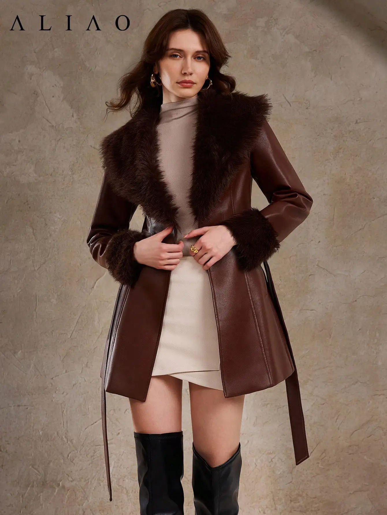 Brown Faux Fur Collar Spliced Leather Coat for Women, Winter Warm Elegant Jacket
