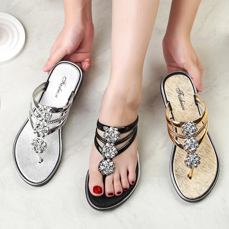 2024 Women\'s Rhinestone Flower Flip Flops Summer Fashion Clip Toe Flat Slide Shoe Casual Indoor & Outdoor Slides Sandalias Mujer