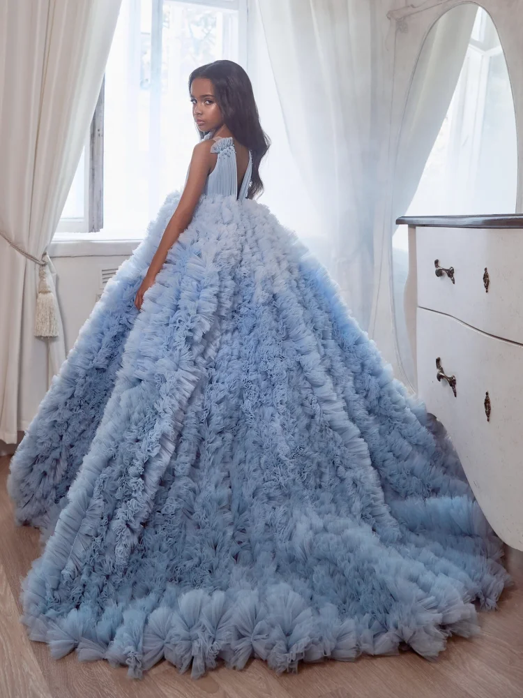 Vestidos de niña de Las Flores Azules, tul escalonado con cola sin mangas para boda, fiesta de cumpleaños, banquete, vestidos de princesa