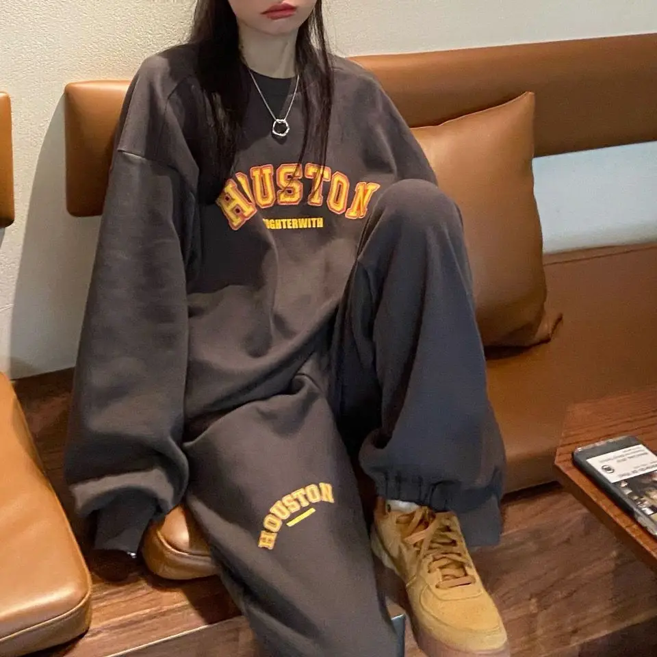 plus Size Hoodie Set Women's Casual Loose Fit Two Piece Suite Spring Autumn Fashion Retro Hong Kong Style Streetwear