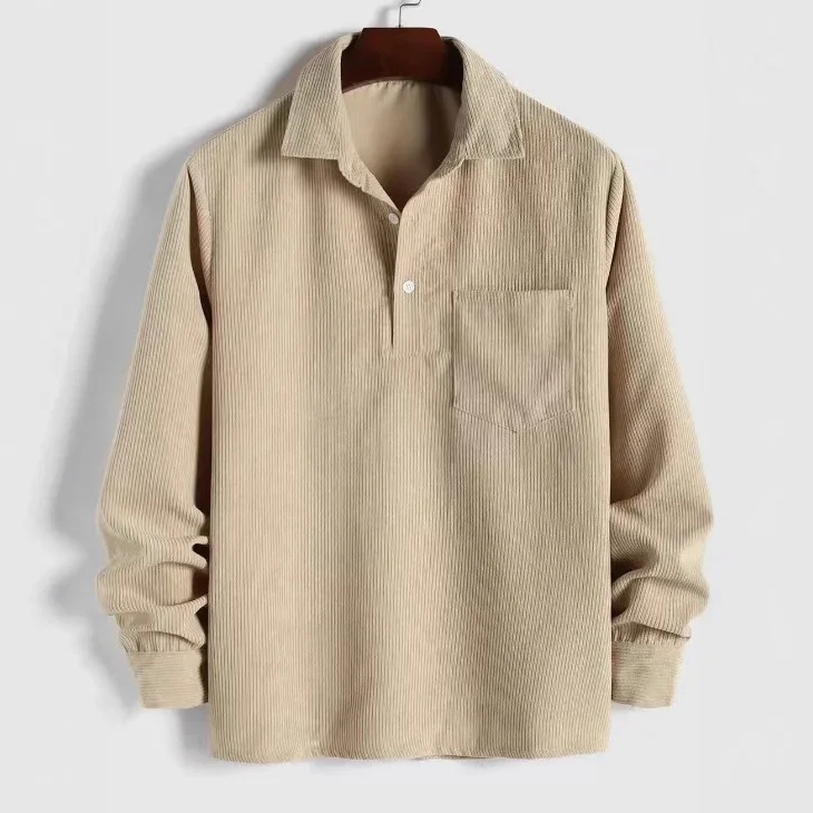 2026 Spring and Autumn New Men's Long Sleeve Corduroy Shirt Casual Striped Lapel Long Sleeve Henry Top