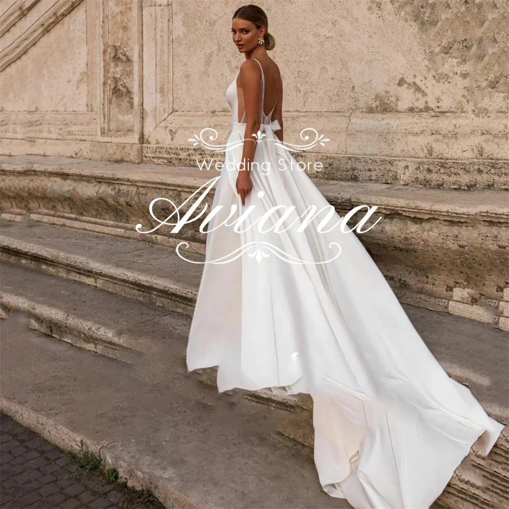 Aviana Customized Spaghetti Strap Deep V-Neck Satin Wedding Dress Long Train Back Bow Elegant Backless New Design Charming 2025