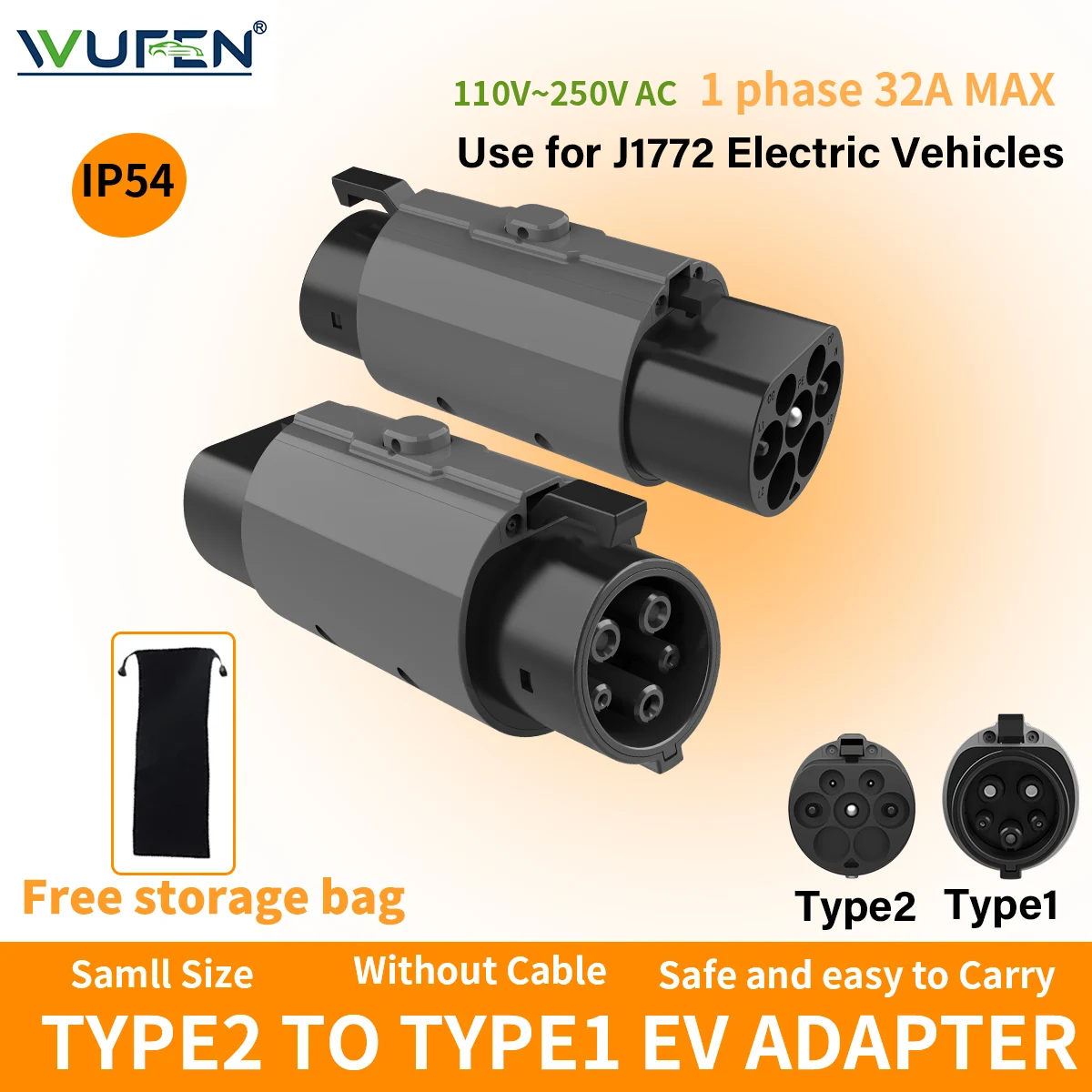 

Переходник для зарядного устройства WUFEN Type2 в Type1 EV IEC 62196 в SAE J1772 16A 32A J1772 для разъема для зарядки электромобиля