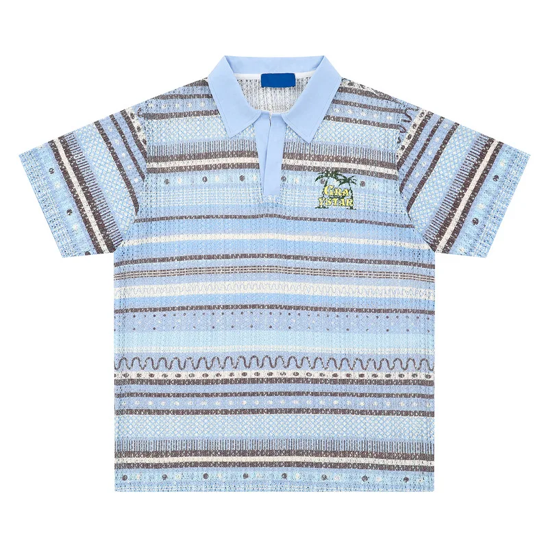 American Retro Gradient Striped Hollow POLO Shirt Short Sleeved T-shirt for Men and Couples Loose
