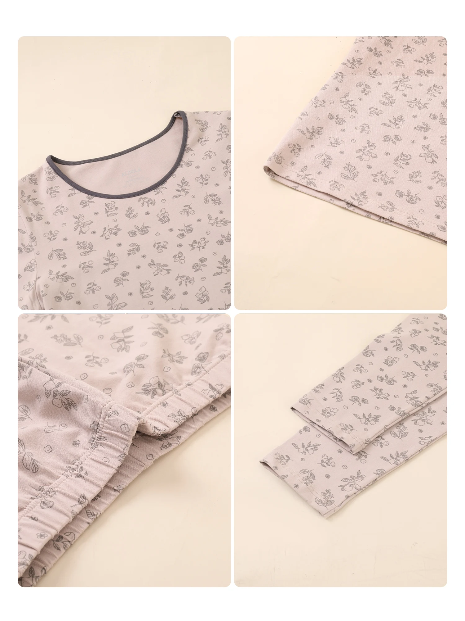 ALDOLA-Algodão Conjunto De Roupa Interior Térmica, Lace Cute Print, Manga Comprida, Tops Gola Tripulação, Calças, Camisa De Assalto Sem Costura, Outono e Inverno