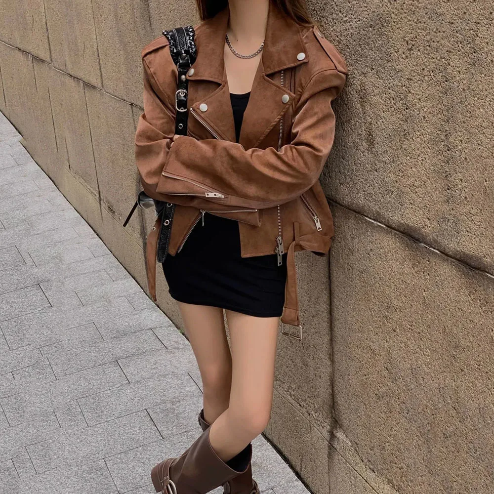 Korean Fashion Retro Suede Jacket For Women Polo Collar Design Sense Streetwear Coat Female Short Versatile Motorcycle Outerwear