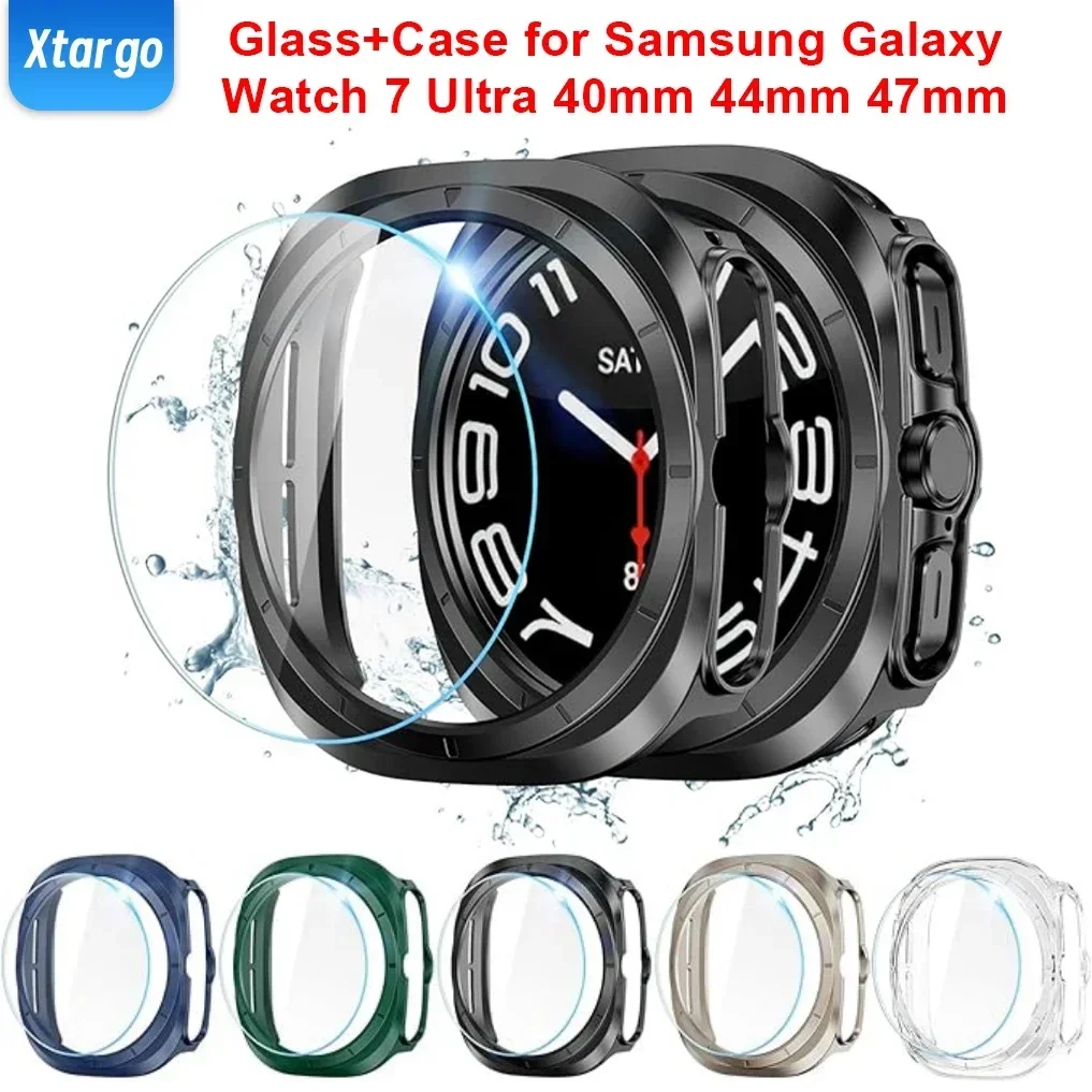 Tempered Glass+Case for Samsung Galaxy Watch 7/FE 40/44mm Waterproof All-Around Protective PC Bumper Shell for Watch Ultra 47mm