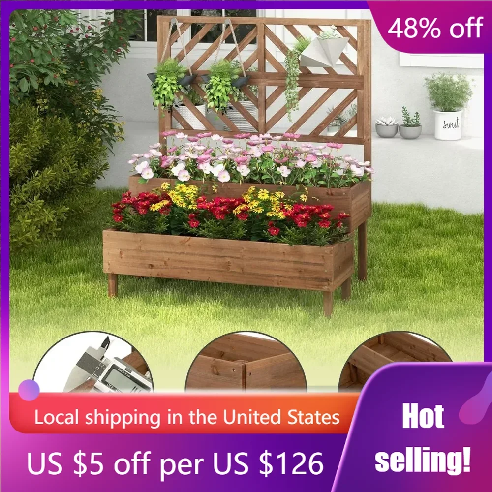 

Raised Garden Bed with Trellis,2-Tier Wooden Planter Box with Legs and Drain Holes,Garden Trellis for Vine Fruit Vegetable Herb