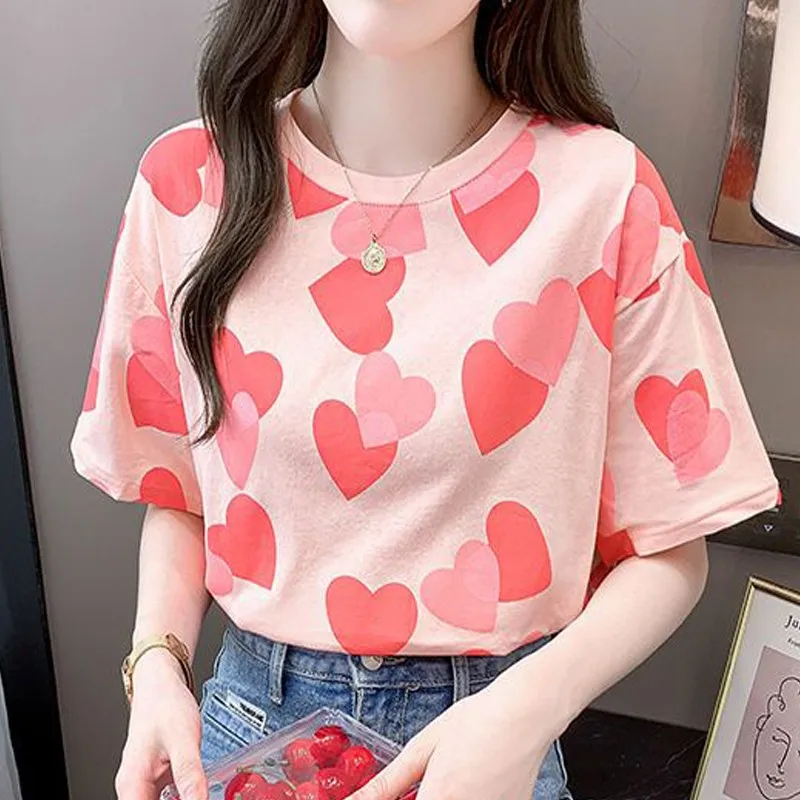 Casual Versatile New Product Pink Short Sleeve Summer Cotton Women T Shirt Printing Love-heart Pattern Fit Tees Young Lady Tops