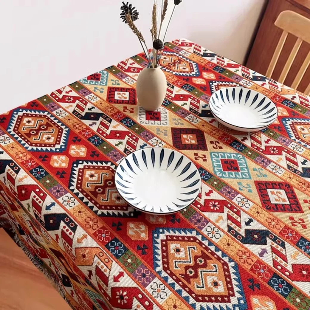 Retro Moroccan Style Cotton Linen Tablecloth Light Luxury Ethnic Design American High-End Feel for Home Decor