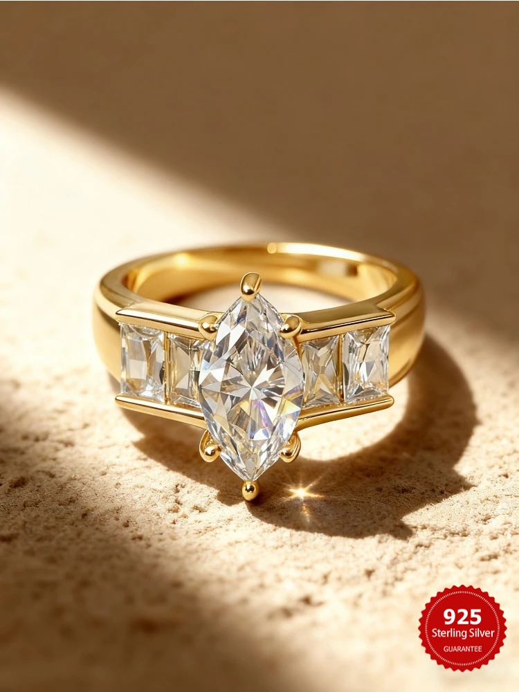 

Стерлингового Серебра 925, модное роскошное прямоугольное кольцо с цирконом маркизы для женщин, обручальное свадебное кольцо высокого качества, ювелирные изделия