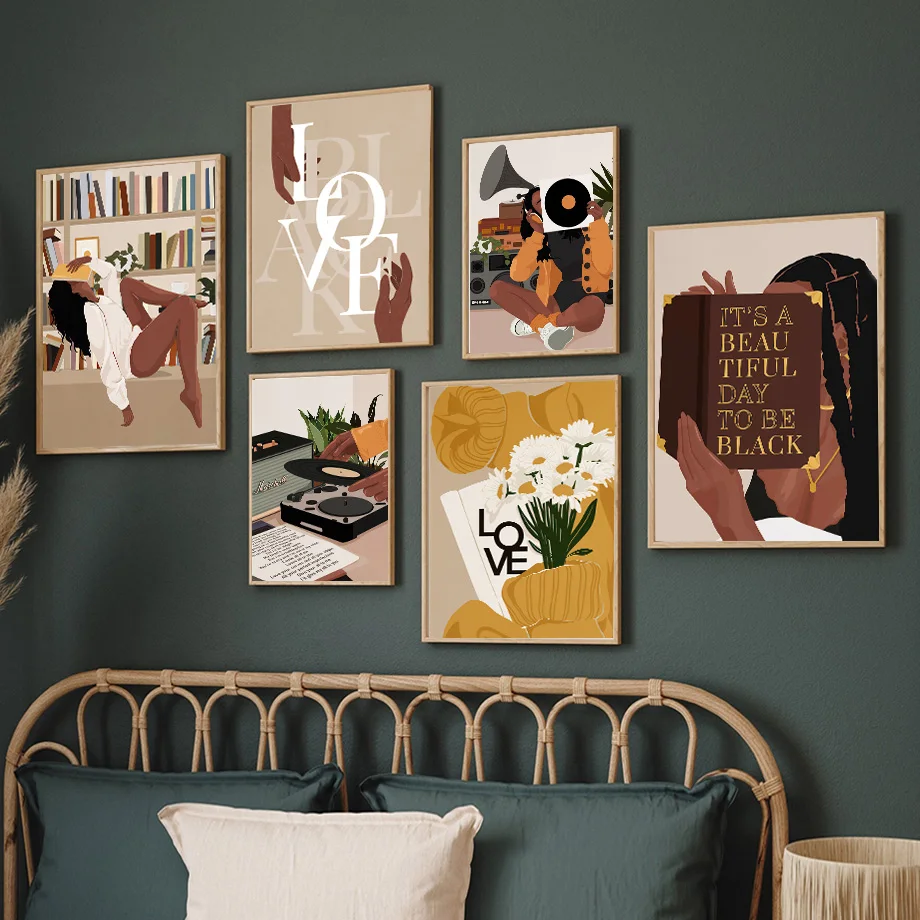 Boho Schwarze Frau Buchliebhaberin Mädchen beim Lesen Blumen Wandkunst Diamantmalerei Poster und Drucke Wandbilder für Wohnzimmer