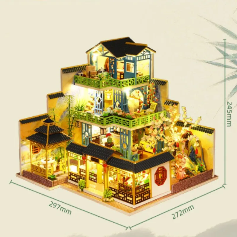 جديد لتقوم بها بنفسك دمية خشبية مع الأثاث ضوء كازا المنزل النمط الصيني فيلا نموذج مصغرة بيت الدمية عدة اللعب هدايا عيد الميلاد #6