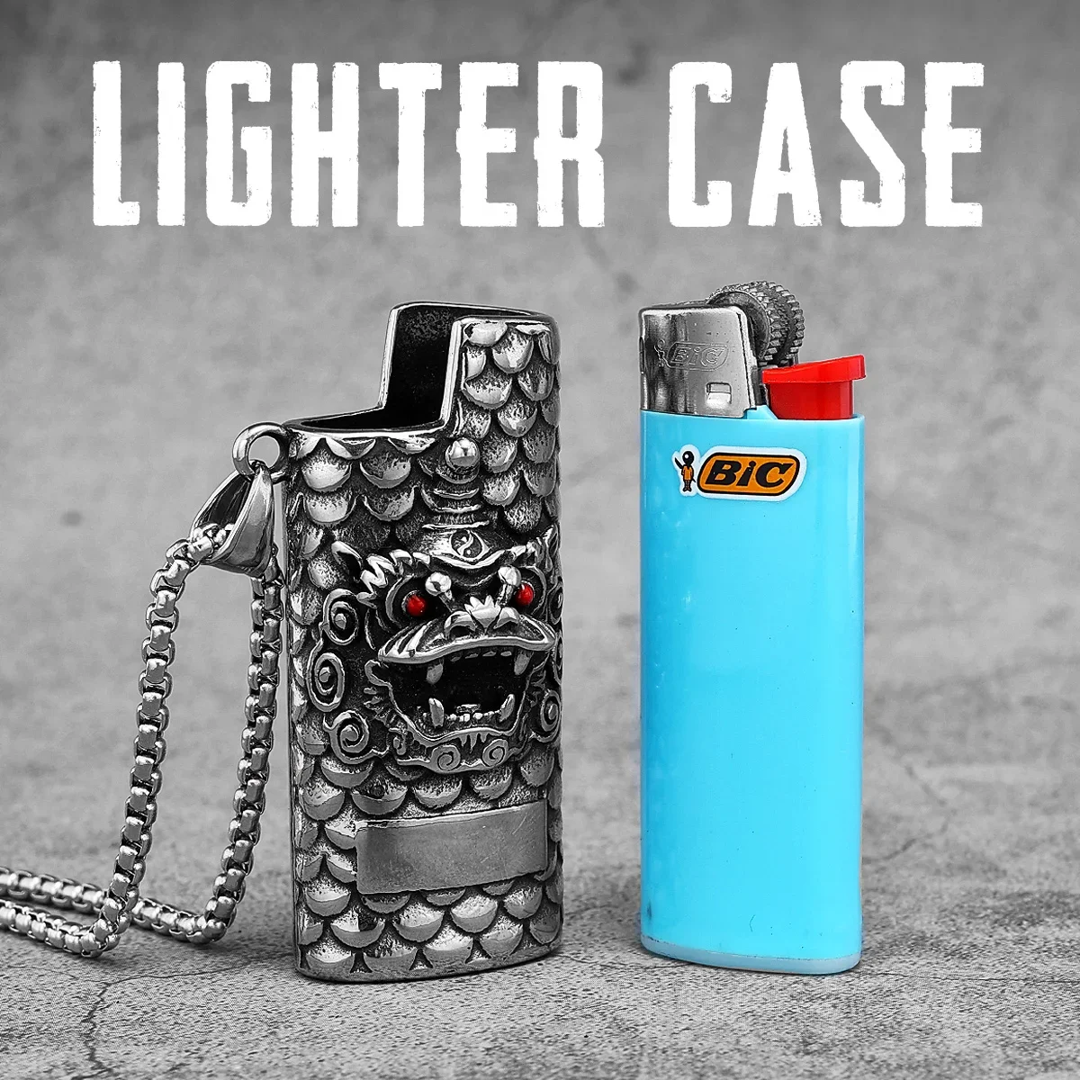 Chinese Unicorn Lion Lighter Case Fits BICJ5 Lighter Stainless Steel Necklaces Pendants Chain