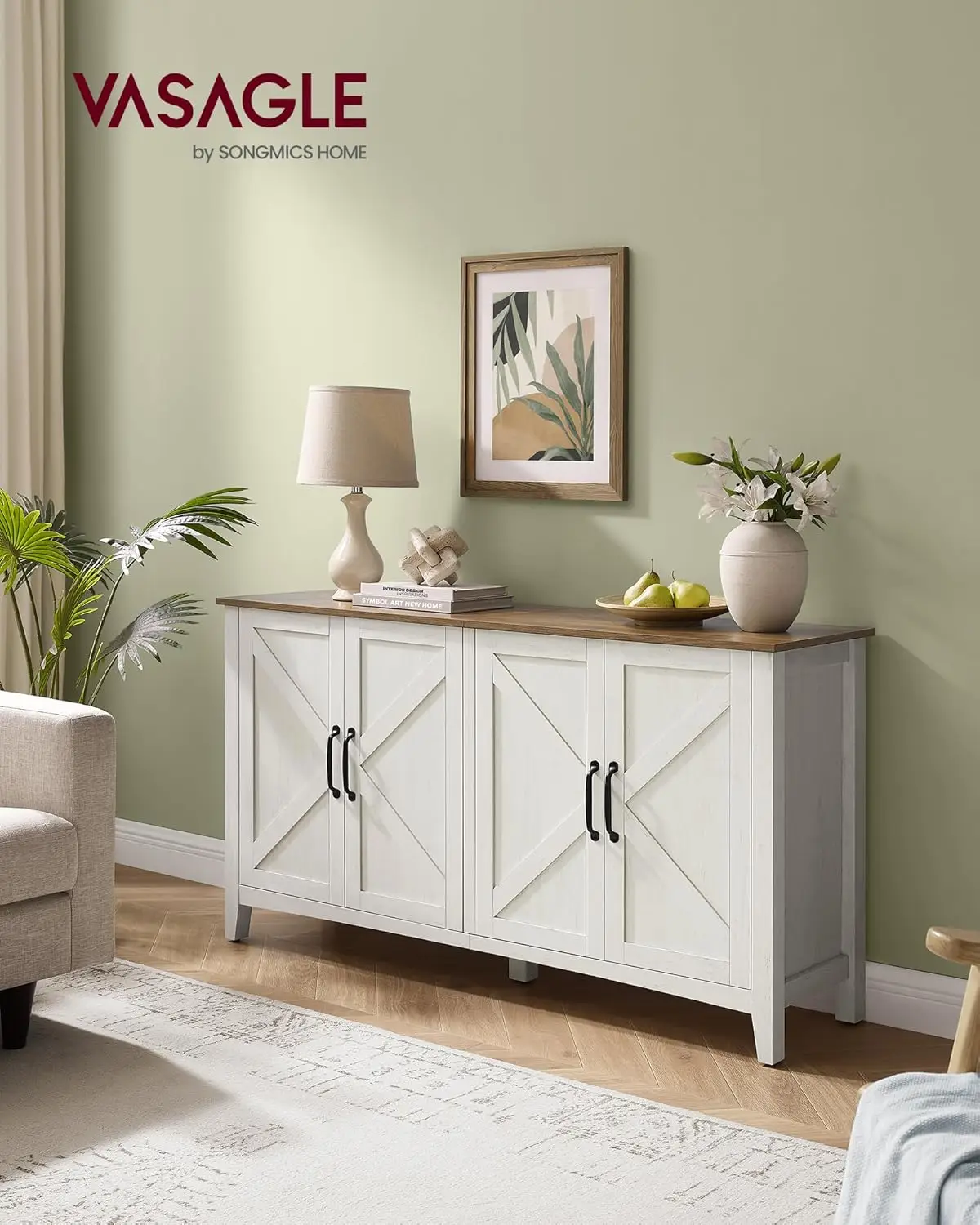 Storage Cabinet, Buffet Cabinet, Sideboard, Credenza, with Adjustable Shelves, for Living Room, Entryway, Rustic White and Honey