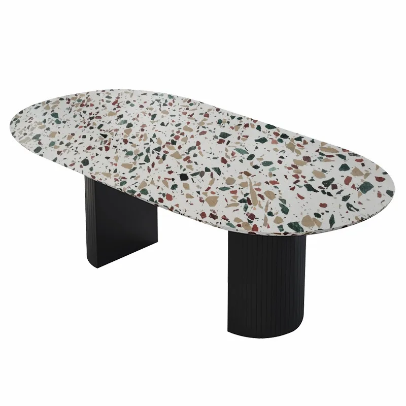 

French Black Slate Peninsula Dining Table Terrazzo Marble Oval