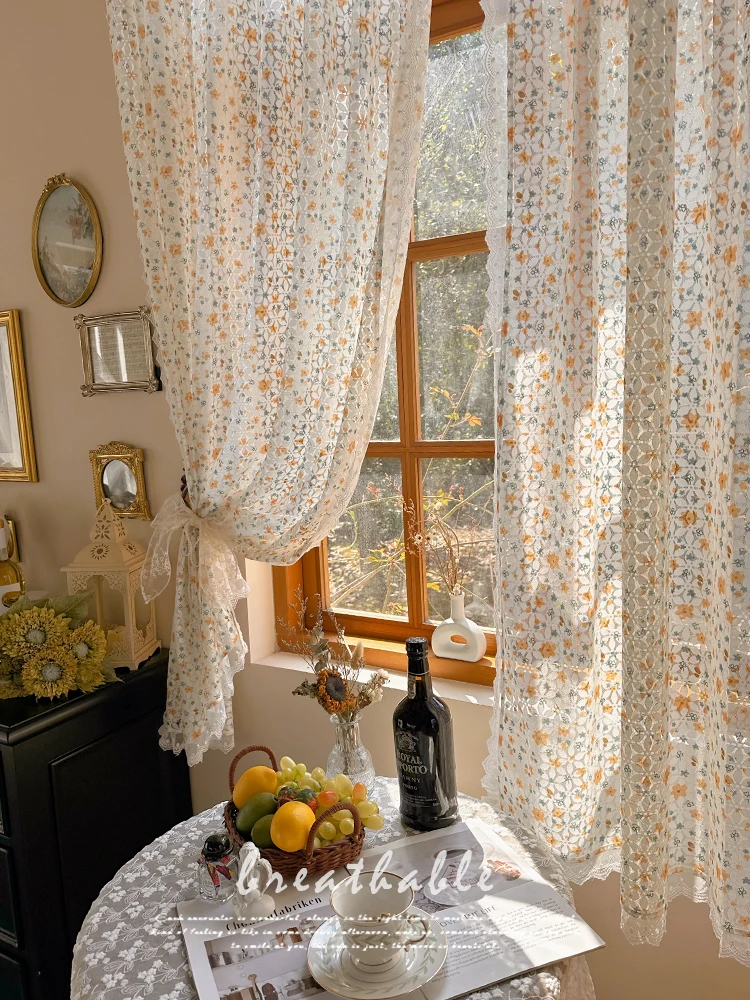 French Romantic Rococo Small Curtain Lace Pastoral Ins Style Gauze Curtains Retro Half Curtains Without Punching Door Curtains