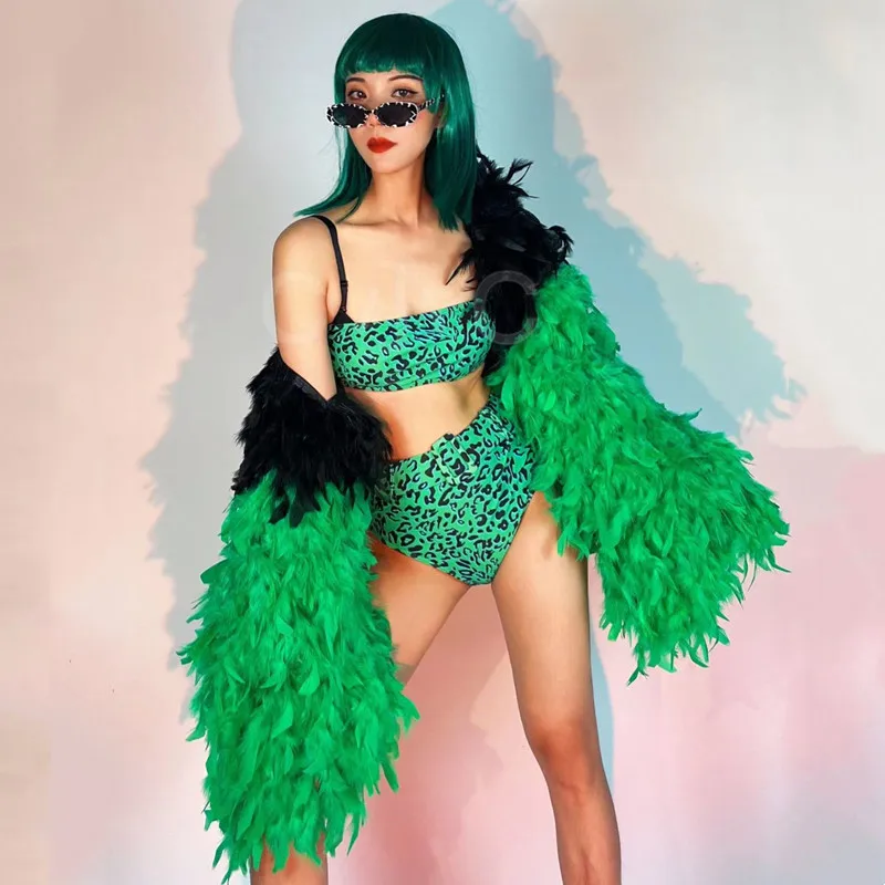 

Sexy Green Leopard Bikini Feather Shawl Sleeve Dance Costume Women Leading Dancer Bar Nightclub DJ DS Rave Performance Clothes