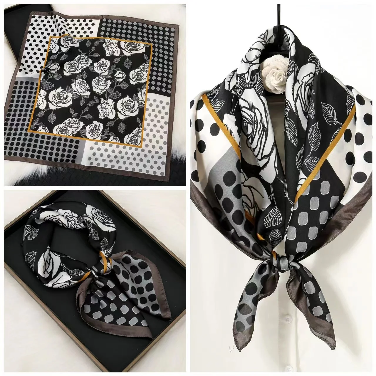 Lenço de seda quadrado feminino, bandana pequena hijab macio, decoração de cabelo ao ar livre, lenço luxuoso ao ar livre, novo, primavera, 70x70cm,